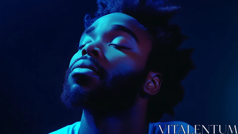 Side-lit male portrait in blue low key studio lighting.