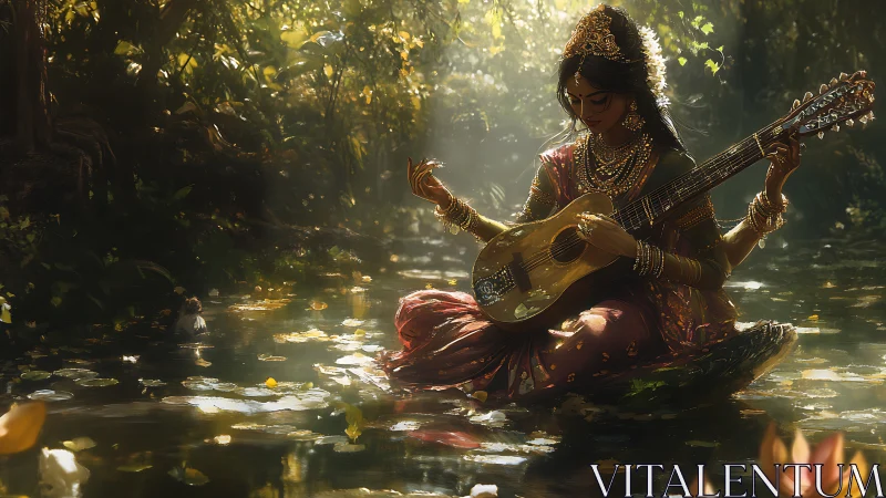 Sunlit river muse strumming melodies in a quiet forest.