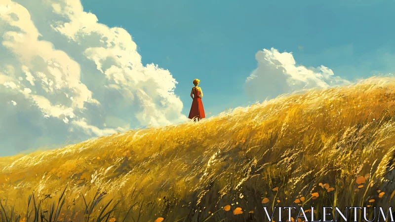 Solitary figure on golden hillside beneath towering clouds.