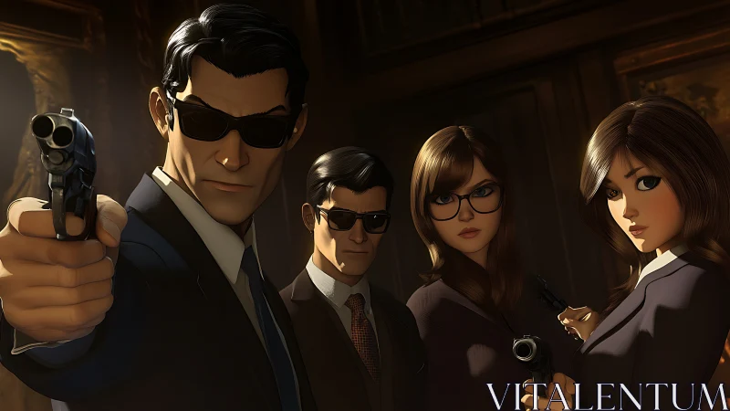 Stylish secret agents poised for a dramatic midnight standoff.