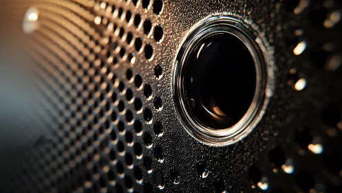 Close-up of Modern Black Speaker Grill with Metallic Texture.