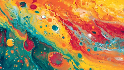 Multicolored fluid abstraction with circular paint cells.