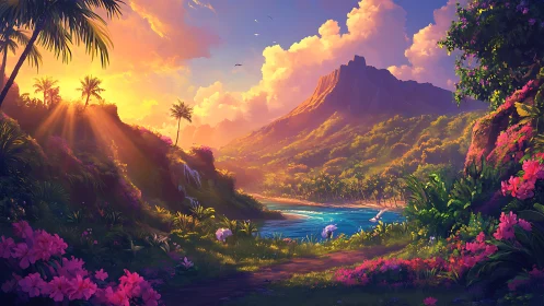 Tropical coastal valley with mountains under sunset light.