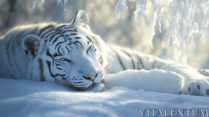 White tiger resting in snow under frosted winter boughs.