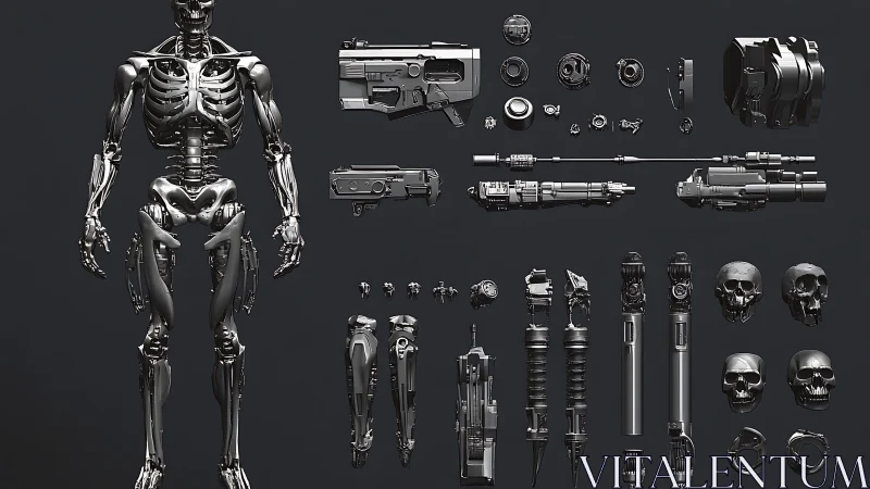 Robotic metal skeleton with disassembled weapons and skulls