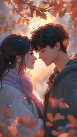 Two figures face each other under autumn foliage at golden sunset