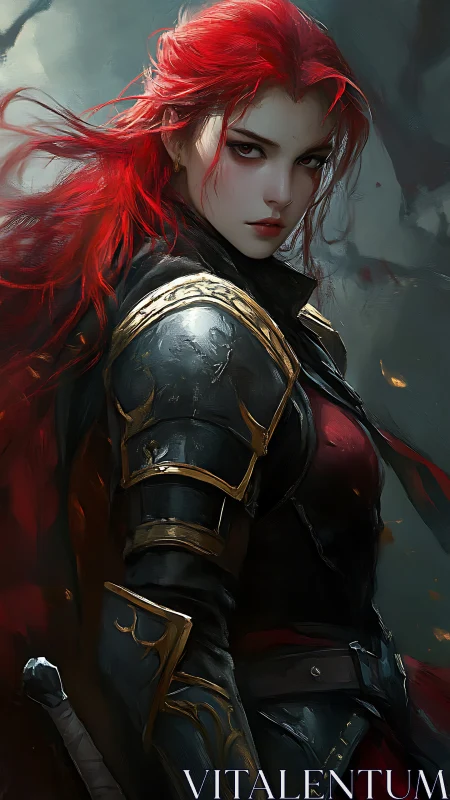 Scarlet warborn knight stares down stormlit destiny.