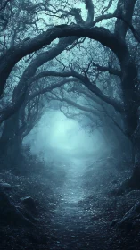 Moonlit misty forest path curling into quiet mystery.