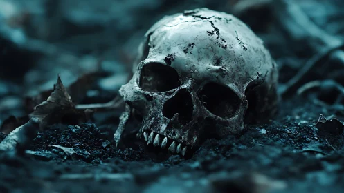 Weathered human skull rests in eerie blue-tinted earth.