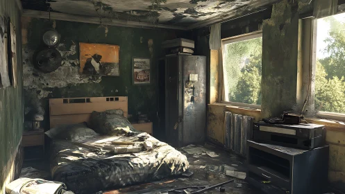 Sunlit abandoned bedroom captures quiet post-apocalyptic decay