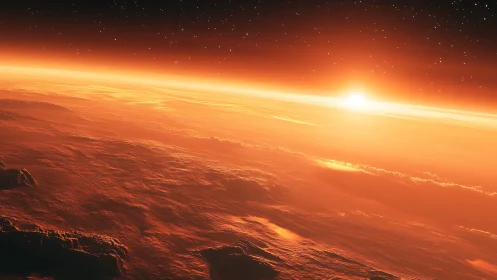 Orange planetary horizon with sun rising above surface