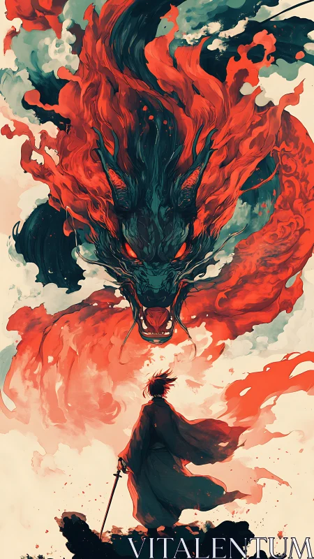 Samurai figure facing large flaming dragon-like spirit form.