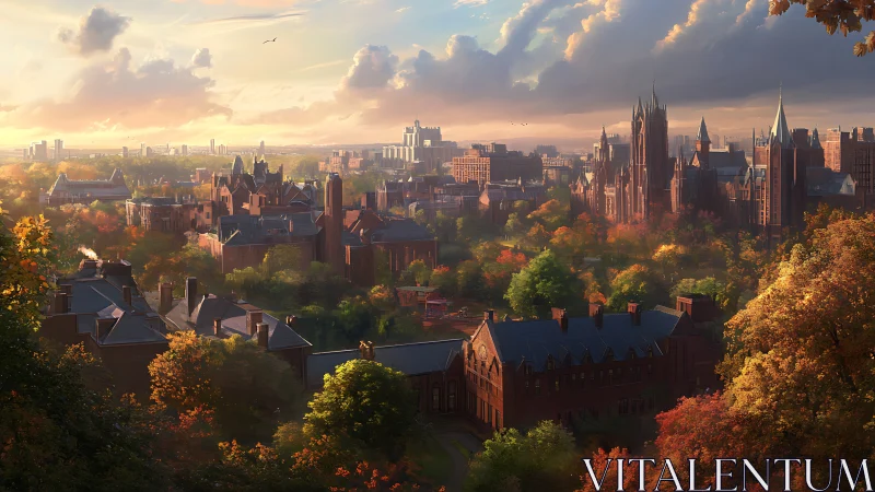 Golden hour over a storybook university cityscape.