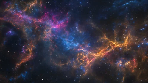 Multicolored interstellar nebula with diffuse gas filaments.