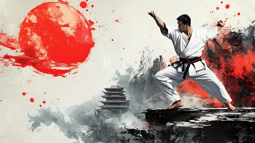 Martial artist on cliff with red sun and distant pagoda.