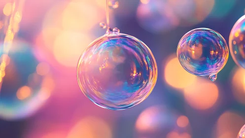 Iridescent soap bubbles against defocused light background.