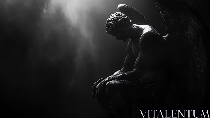 Backlit winged marble figure in chiaroscuro atmospheric haze
