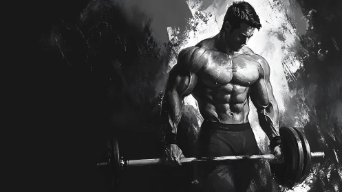Muscular man performs barbell curl in monochrome artwork