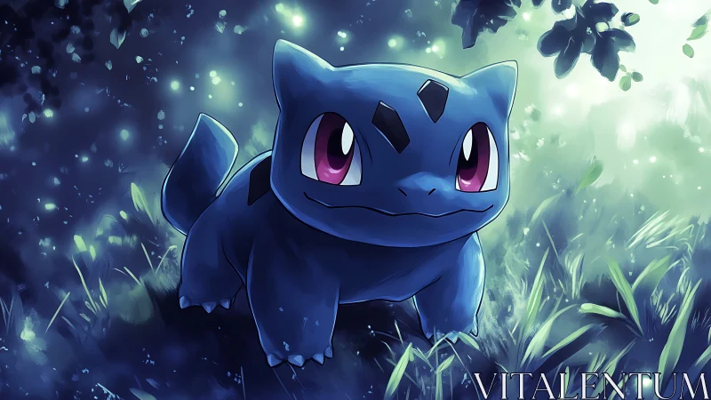 Bioluminescent forest portrait of blue creature in soft focus