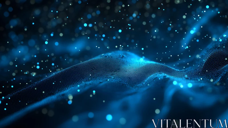 Abstract digital waves and glowing particles in deep blue tones.