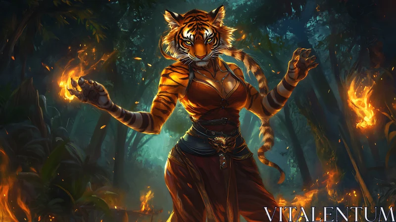 Anthropomorphic tiger sorceress commands fire in dense jungle