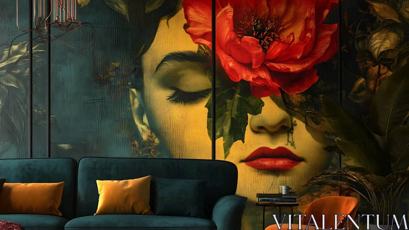Large scale floral portrait mural in cinematic interior lighting.