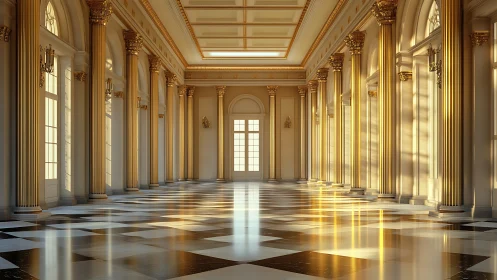 Sunlit neoclassical hall with gilded columns and marble floor.