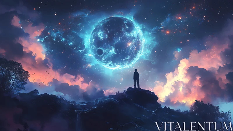 Silhouetted observer on rocky ridge under luminous cosmic moon