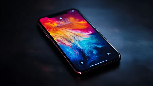Smartphone displaying vibrant abstract gradient wallpaper