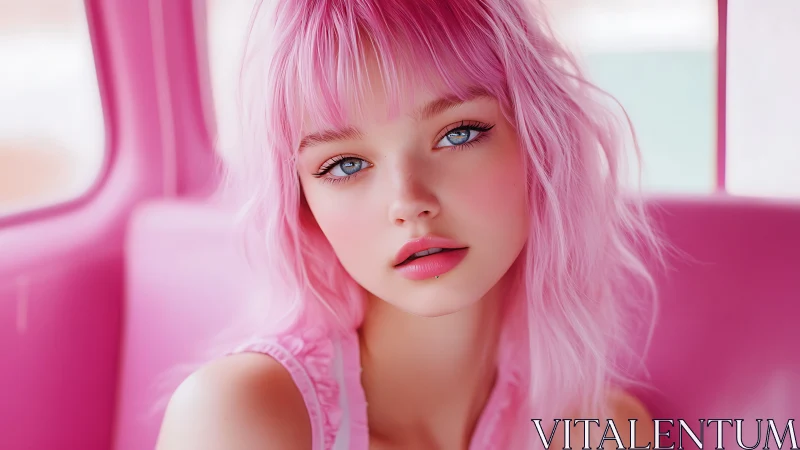 Soft pink glow surrounds a dreamy girl with bright blue eyes