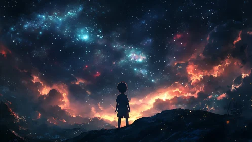 Digital painting of child silhouette under nebula skyscape.