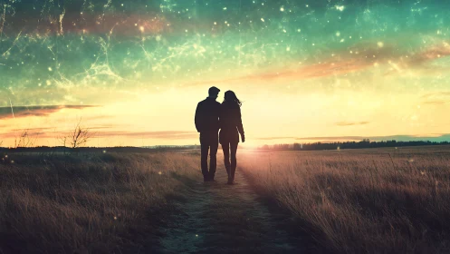 Couple Walking Into Sunset Over Field.