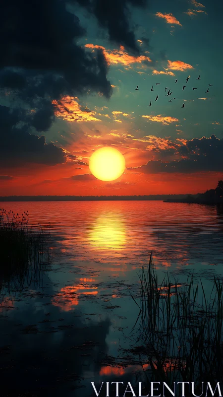 Sunset globe melts into a glassy lake of quiet flame