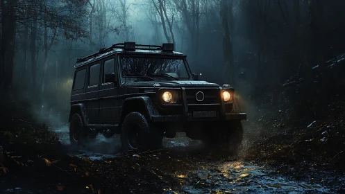 Headlights carve gold tunnels through a midnight forest trail