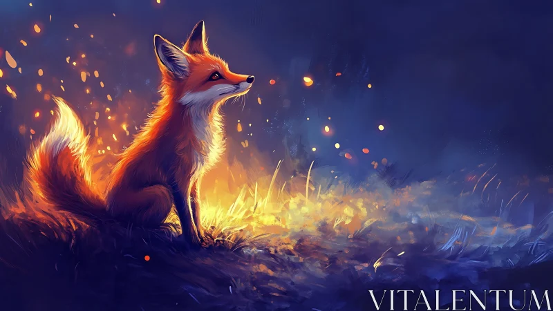 Red fox illuminated by warm ground light in night scene.