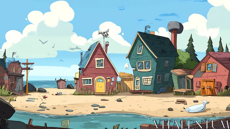 Colorful Coastal Village with Quirky Seafront Houses and Beach