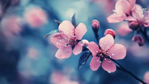 Pink Blossoms With Dew Drops Against Blue Background.