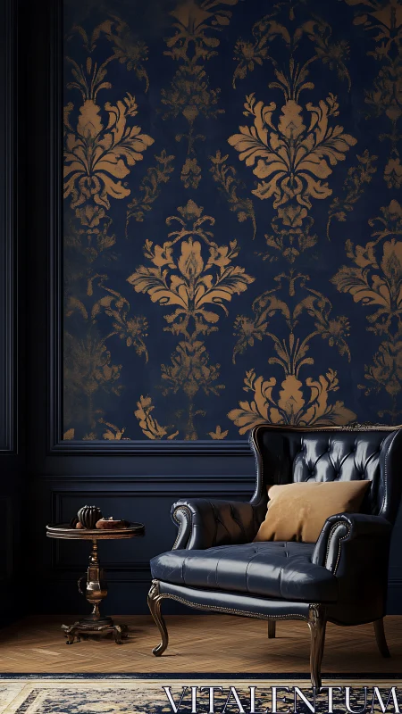 Midnight blue salon reigns with gilded damask whispers.