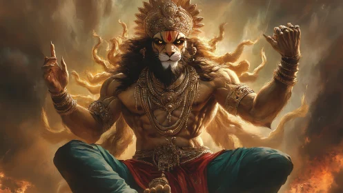 Lion-faced warrior deity radiates divine fiery power.