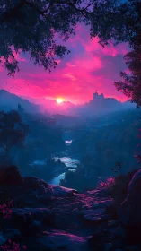 Vibrant magenta sunset over misty valley and distant castle.