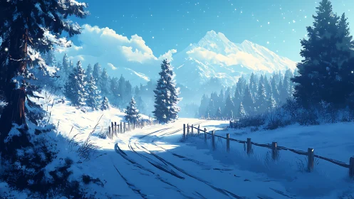 Quiet winter trail winding toward sunlit mountain peaks.