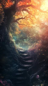 Enchanted forest stairway glows under golden ethereal light.