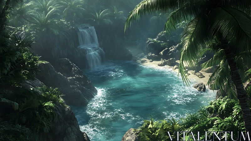 Tropical waterfall cascades into turquoise lagoon surrounded by lush jungle.