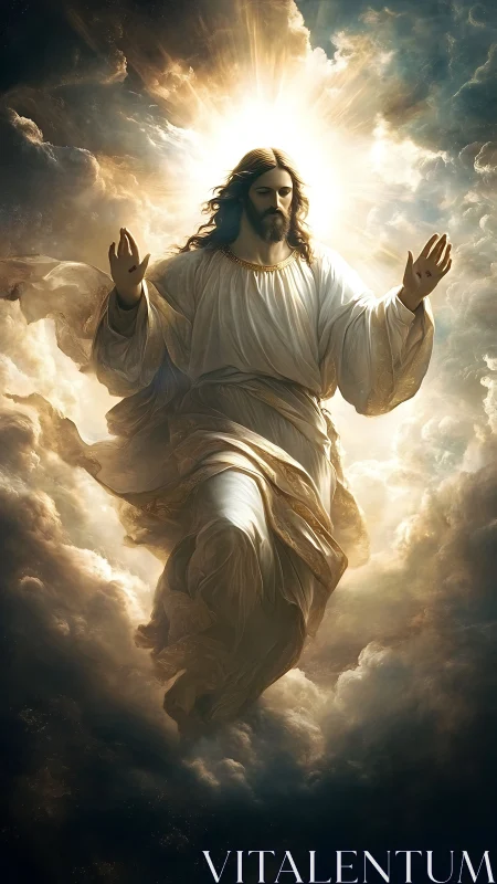 Radiant Christ figure rises through storm-laced celestial light