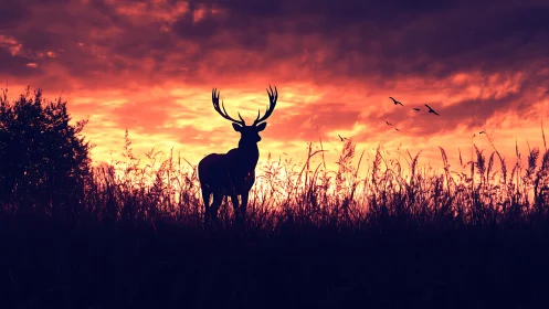 Silhouetted stag at dusk in high-contrast landscape framing.