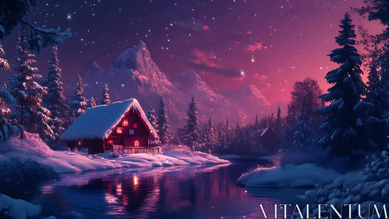 Snow-covered cabin stands beside reflective winter river