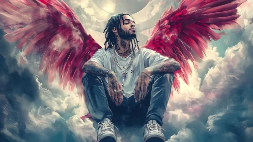 Winged male figure seated among stylized clouds in sky.