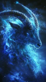 Stellar goat spirit ignites in electric blue cosmic flame.