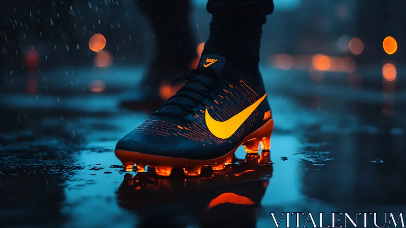 Neon-lit football boots blaze across a rain-slicked city street.