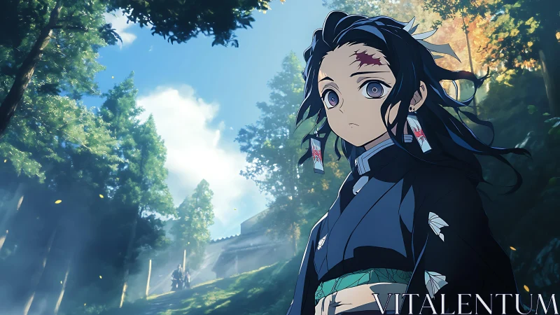 Anime swordsman in sunlit forest path with shrine backdrop.